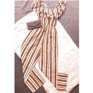 Rust Ruffle Off the Shoulder Jumpsuit